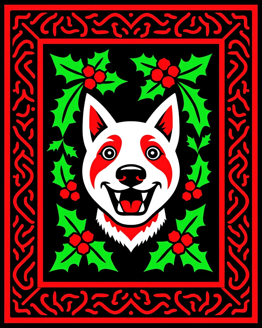 Happy Red White Dog Holly Border Rug