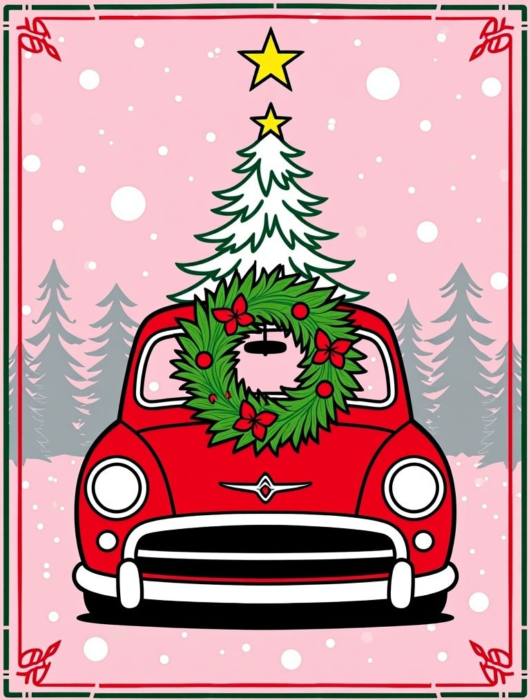Festive Red Truck Christmas Tree Wreath Rug