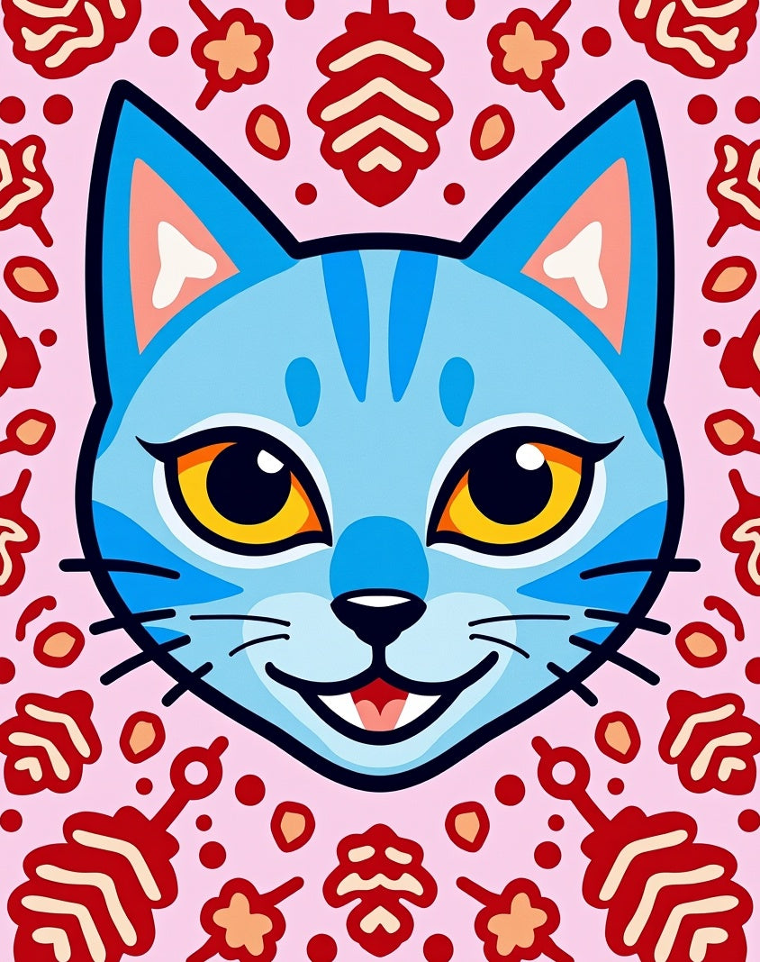 Whimsical Blue Cat Pink Floral Rug