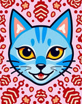 Whimsical Blue Cat Pink Floral Rug