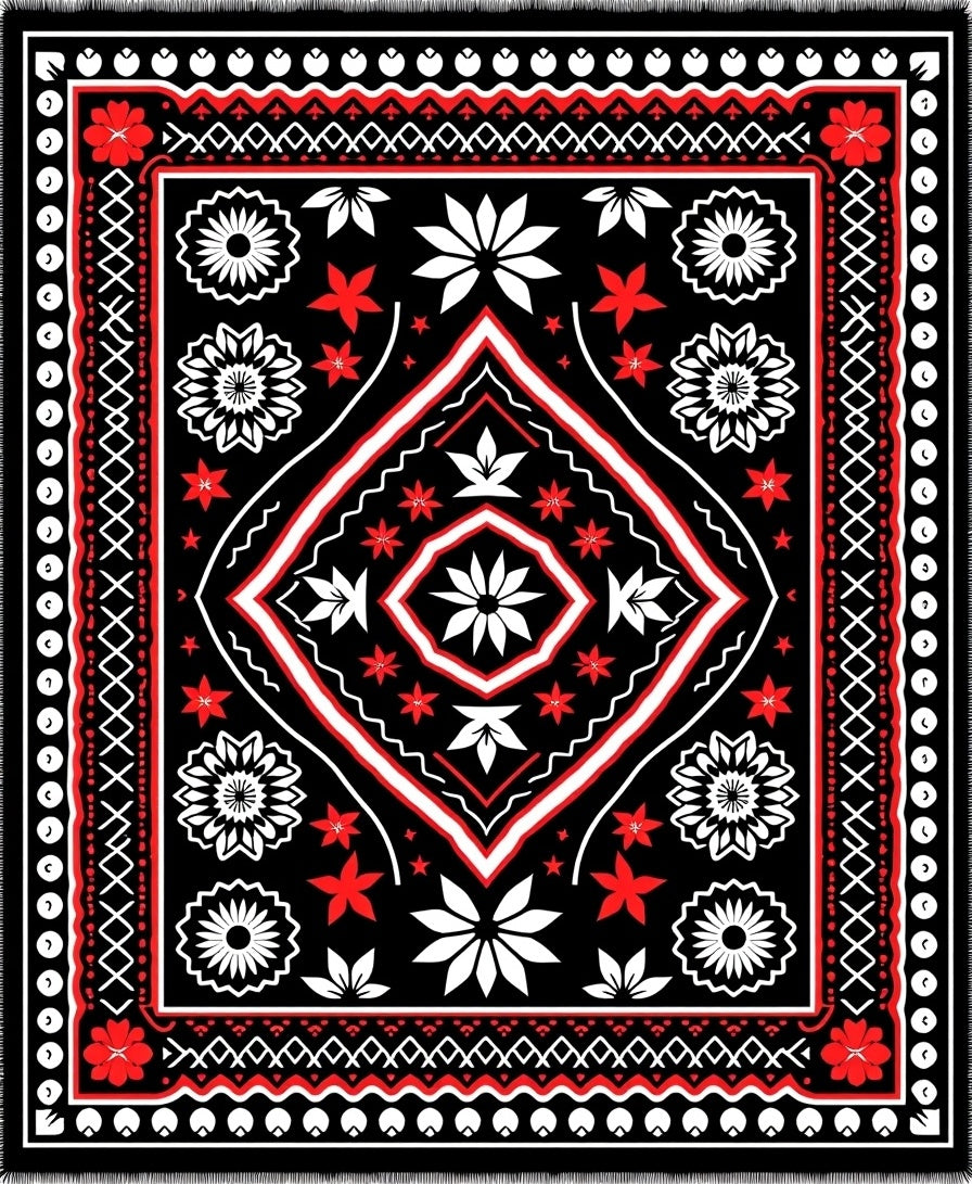 Bold Red White Black Folk Rug