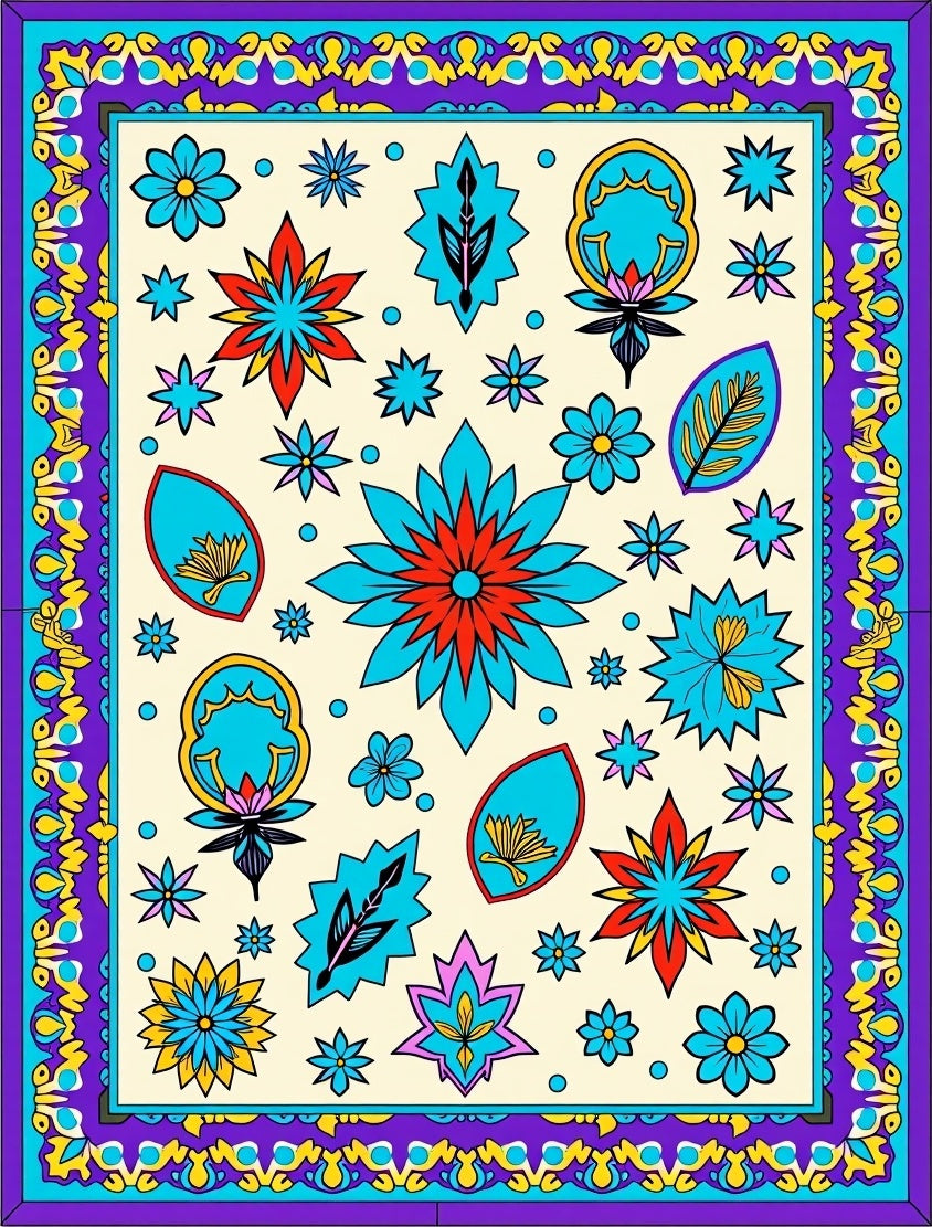 Eclectic Floral Shapes Border Cream Rug