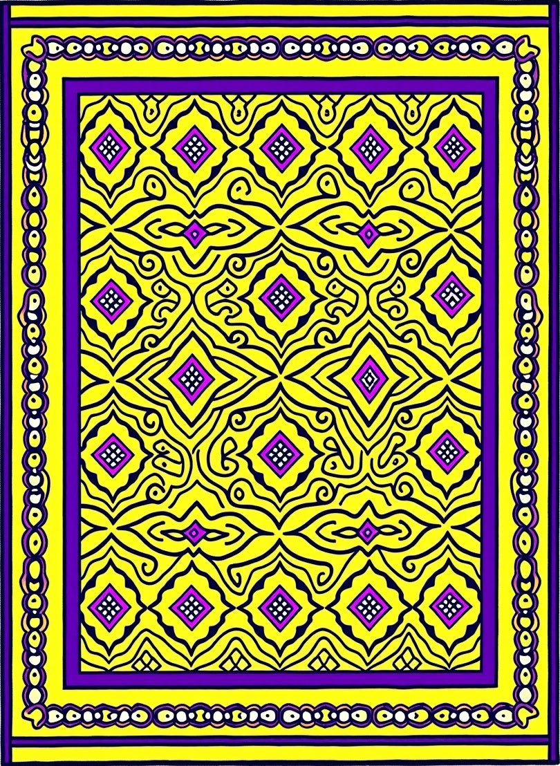 Vibrant Yellow Purple Diamond Medallion Rug