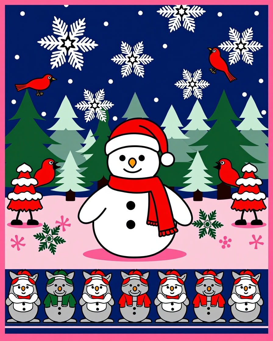 Cheerful Snowman with Red Birds and Snowflakes Rug