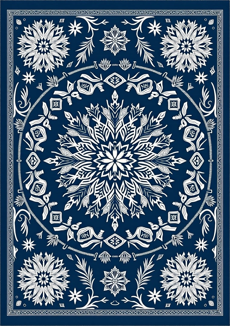 Deep Blue White Floral Medallion Scroll Rug