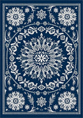 Deep Blue White Floral Medallion Scroll Rug