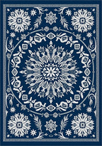 Deep Blue White Floral Medallion Scroll Rug
