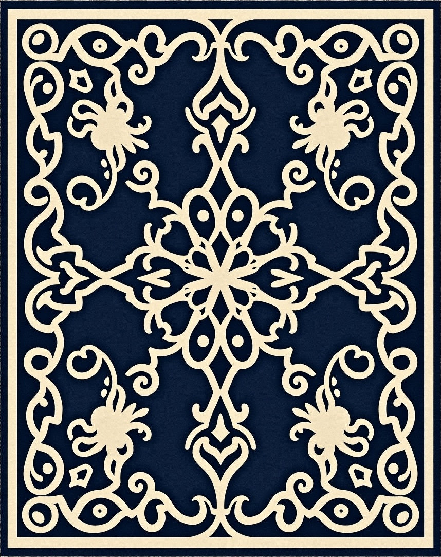 Ornate Ivory Floral Medallion Navy Rug