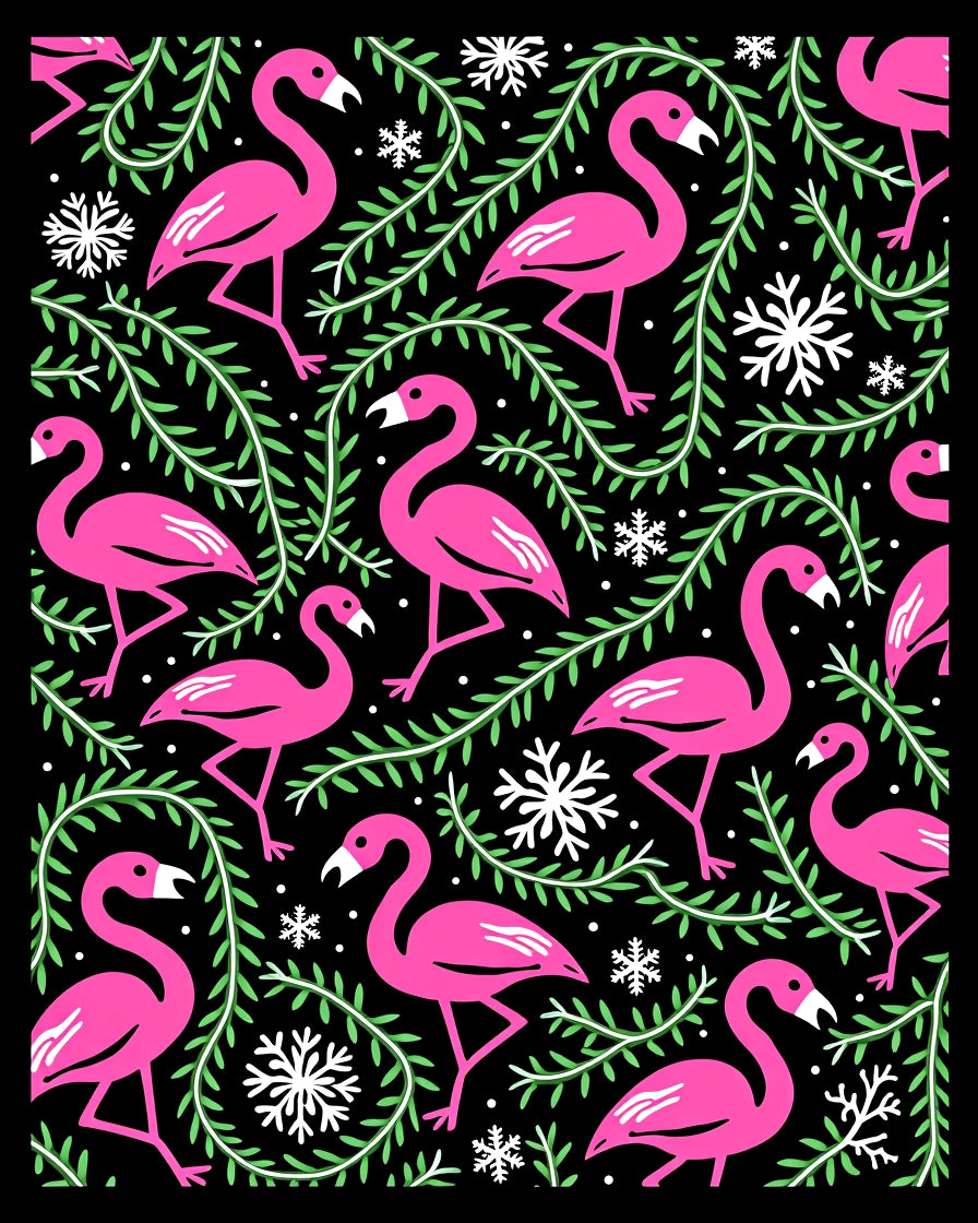 Pink Flamingos Green Foliage Snowflakes Rug