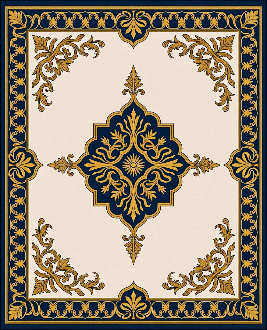 Navy Gold Elaborate Scroll Medallion Rug