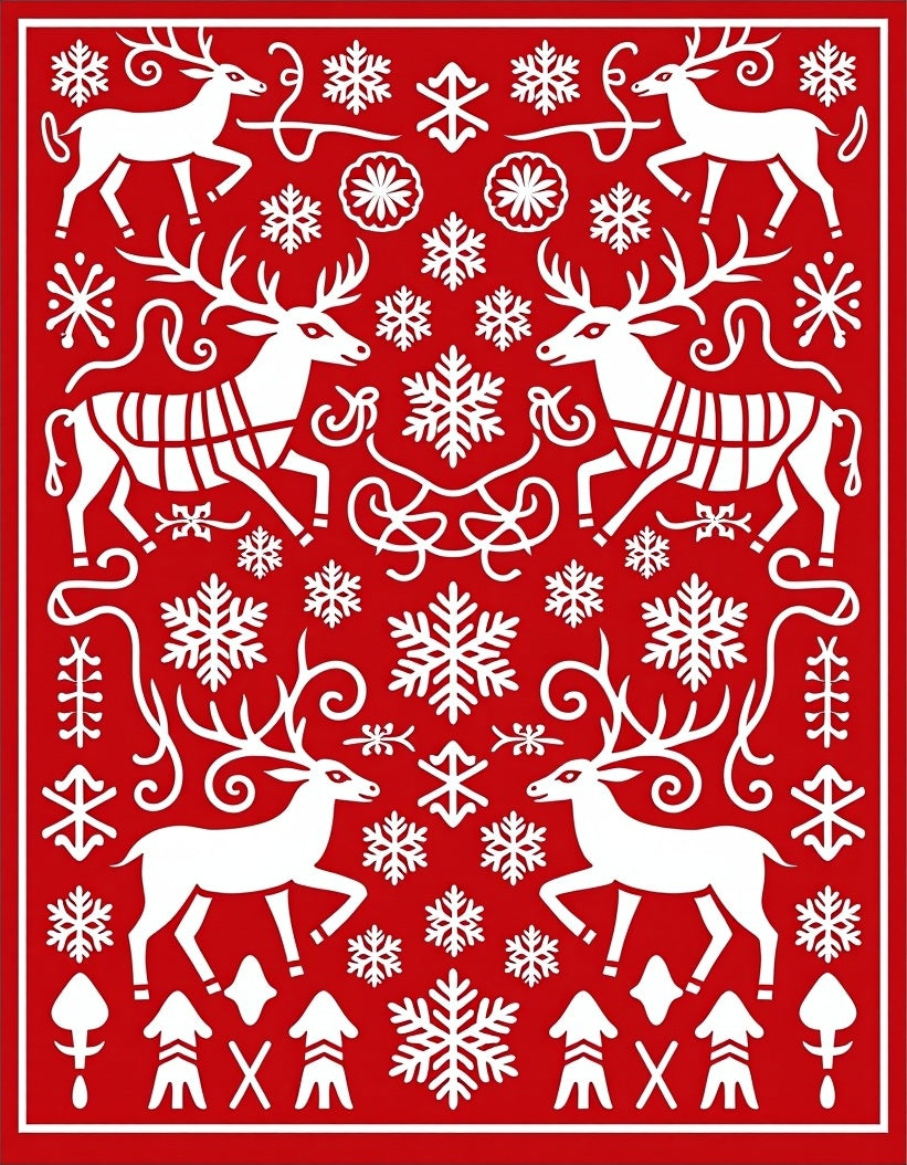 Red White Reindeer Snowflakes Folk Art Rug