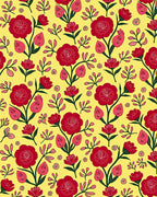 Vibrant Red Floral Garden Yellow Rug