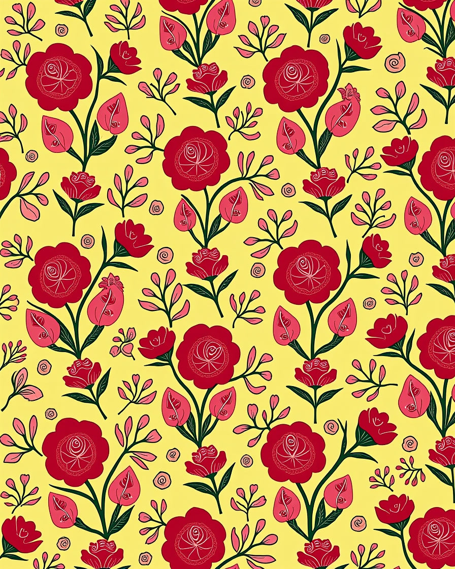 Vibrant Red Floral Garden Yellow Rug