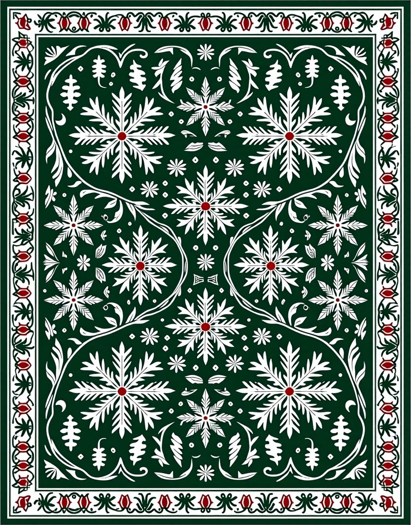 Dark Green White Red Floral Medallion Rug