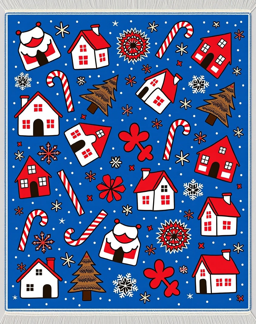 Whimsical Red White Christmas Village Rug