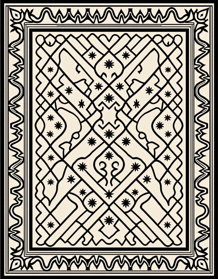 Black Geometric Border Star Motif Rug