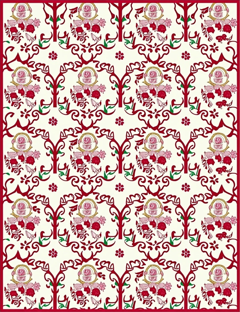 Crimson Red Floral Garland Scroll Rug