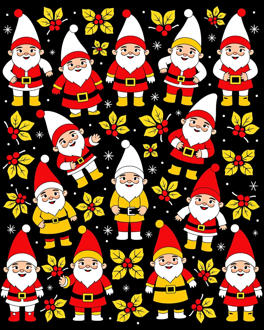 Charming Red Yellow Gnome Christmas Scene Rug