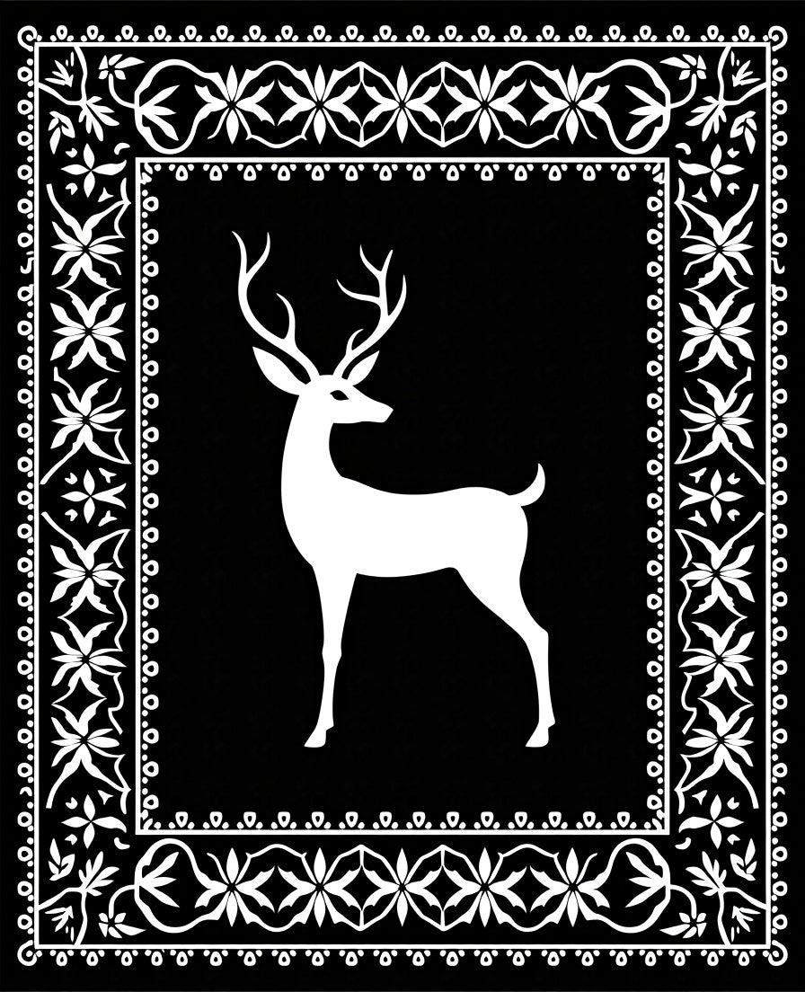 Black White Stag Floral Border Rug