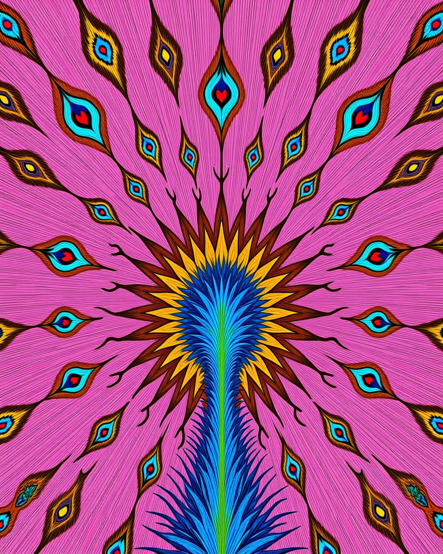 Vibrant Pink Peacock Feather Burst Rug
