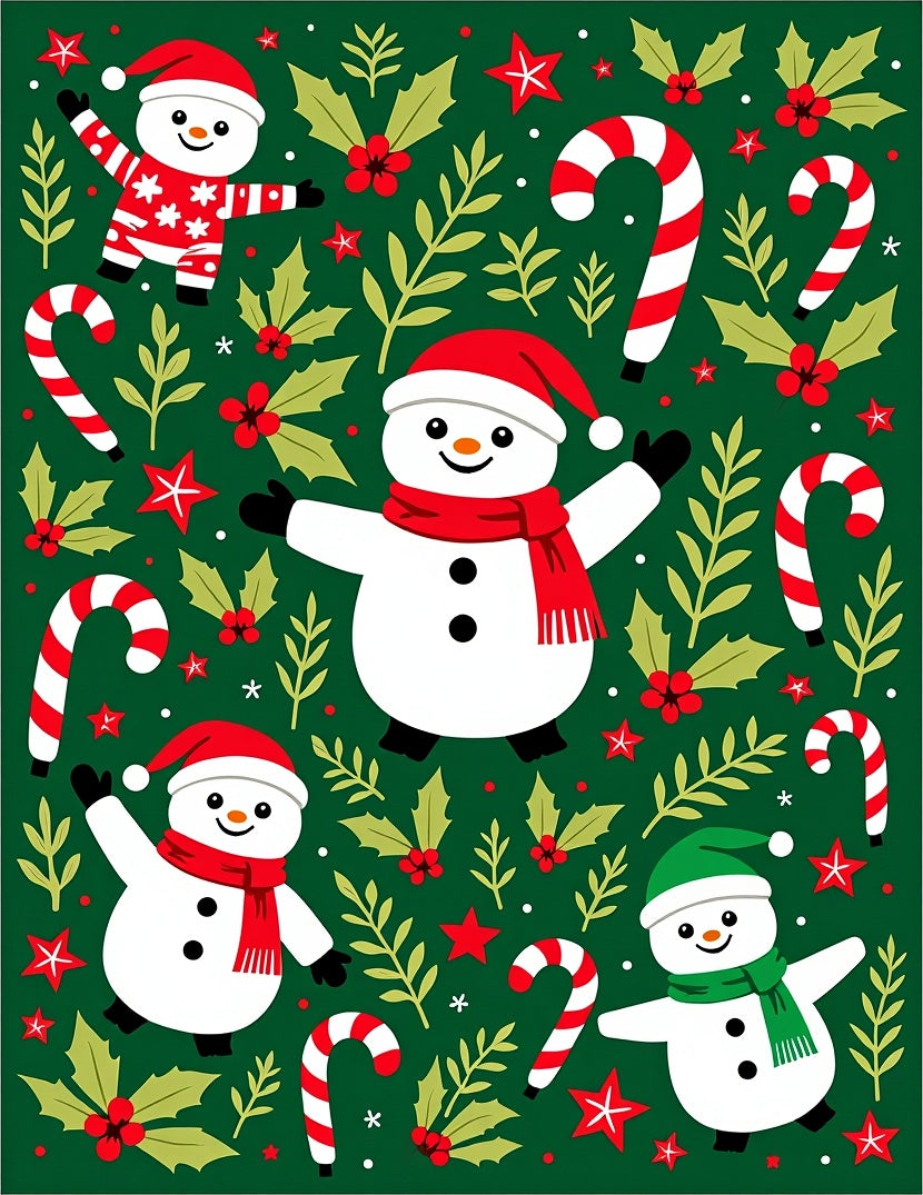 Festive Snowmen Candy Cane Holly Sprigs Rug