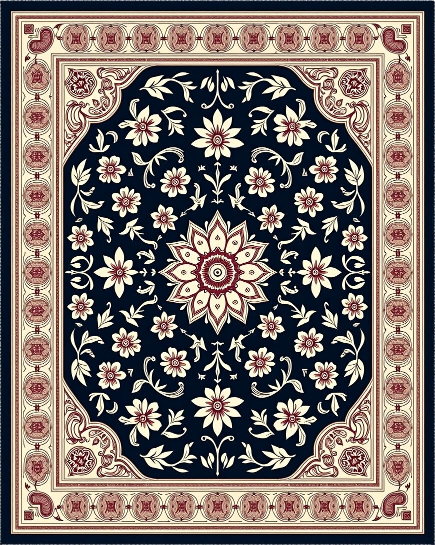 Crimson Ivory Floral Medallion Navy Rug