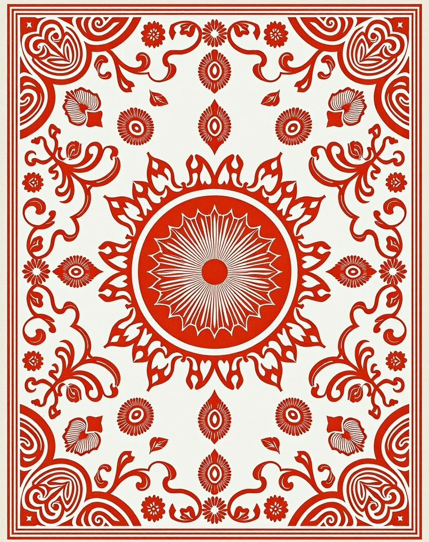Crimson Sunburst Floral Medallion Rug