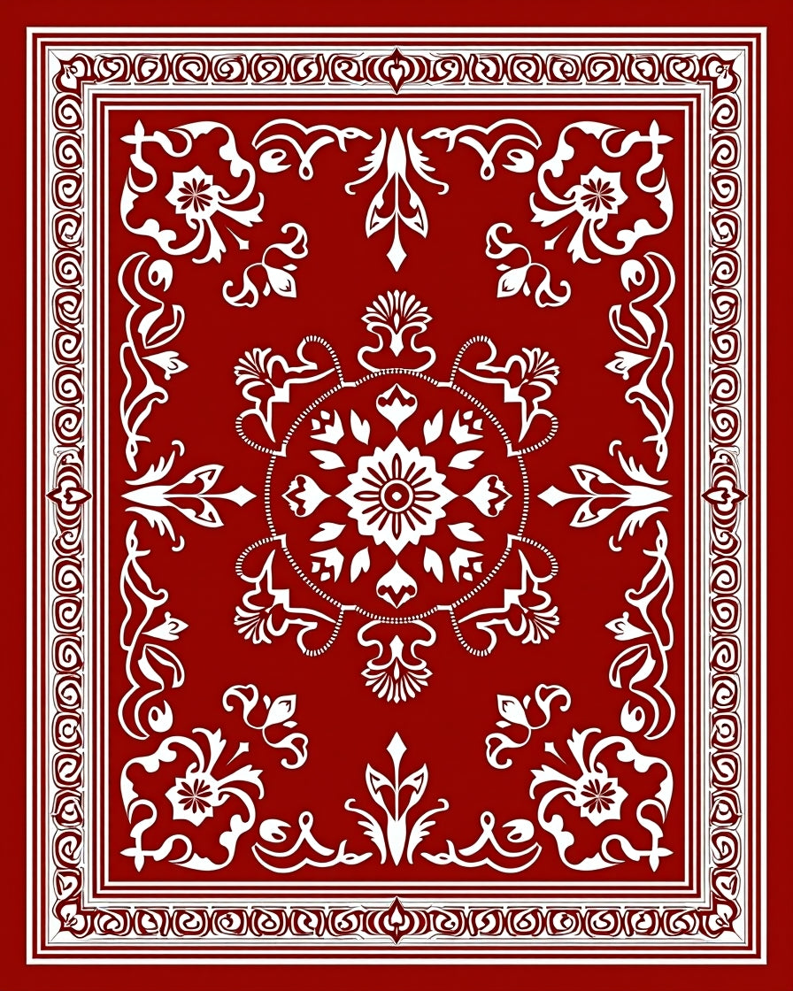 Ornate White Floral Red Centerpiece Rug
