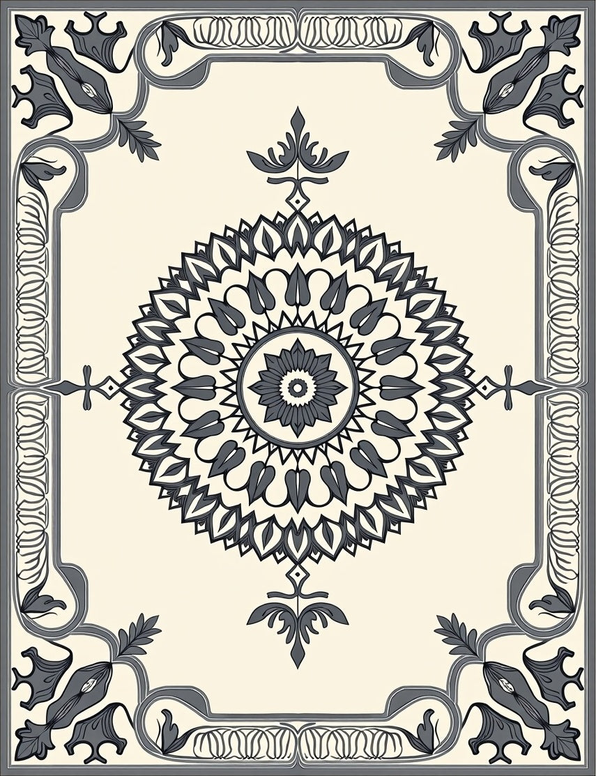 Ornate Cream Mandala Border Rug