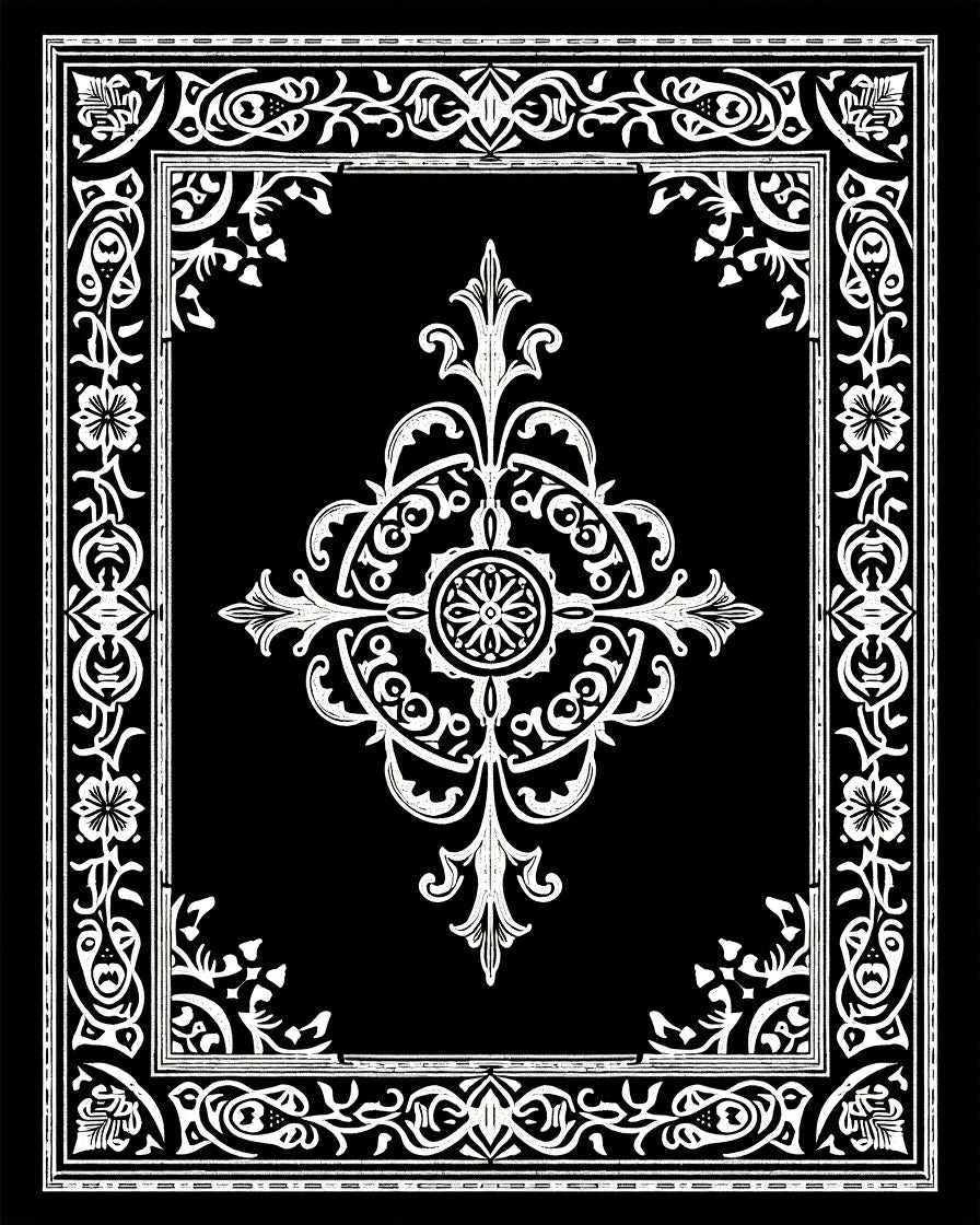 Ornate Black White Scrollwork Manor Rug