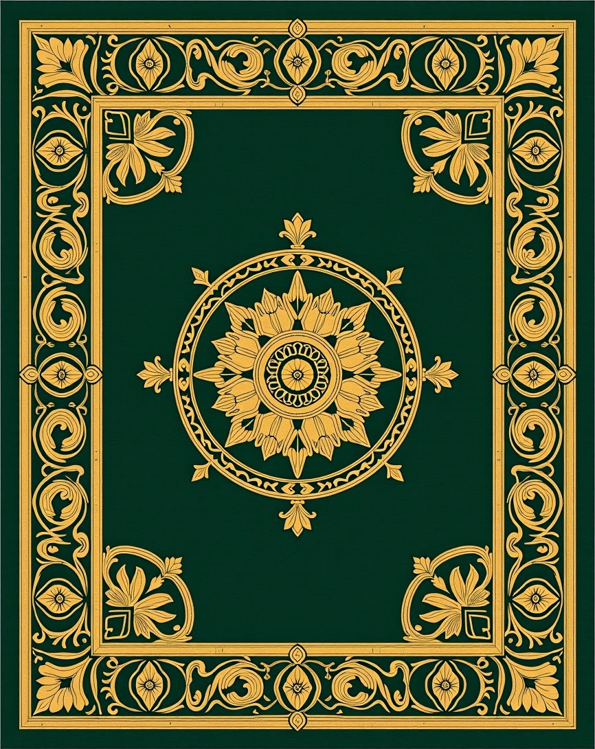 Green and Gold Floral Medallion Border Rug