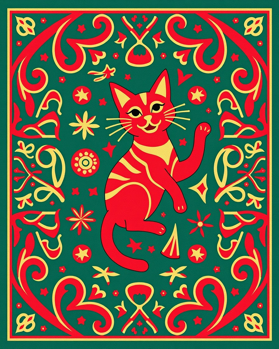 Whimsical Red Cat Folk Art Rug