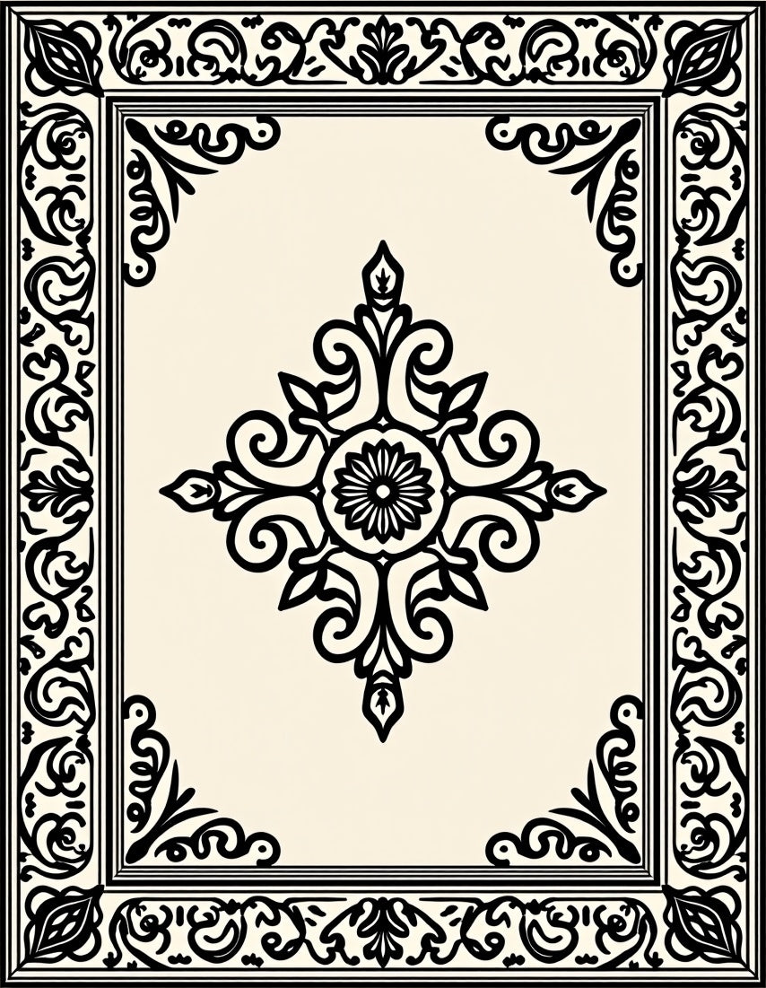 Ornate Black Scrollwork Central Medallion Rug