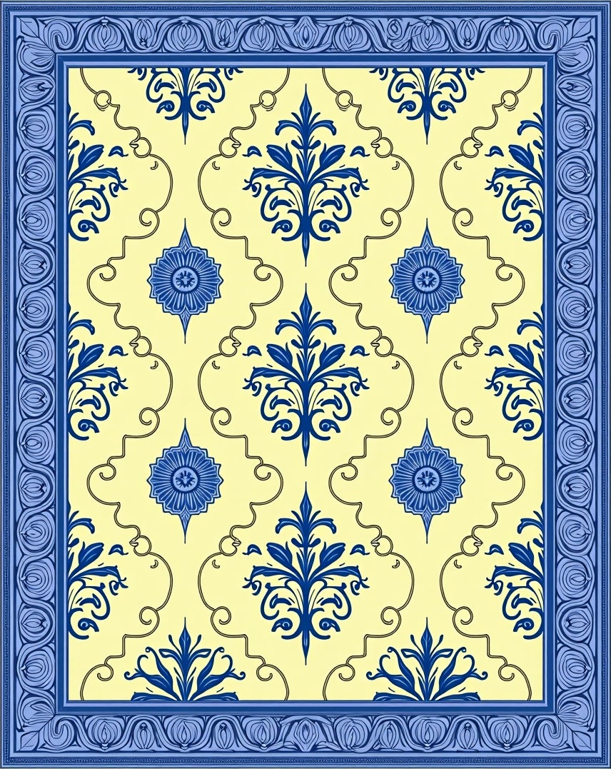 Blue Floral Damask Yellow Border Rug