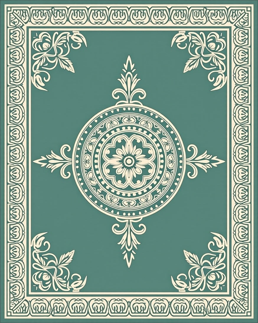 Teal Cream Floral Mandala Border Rug