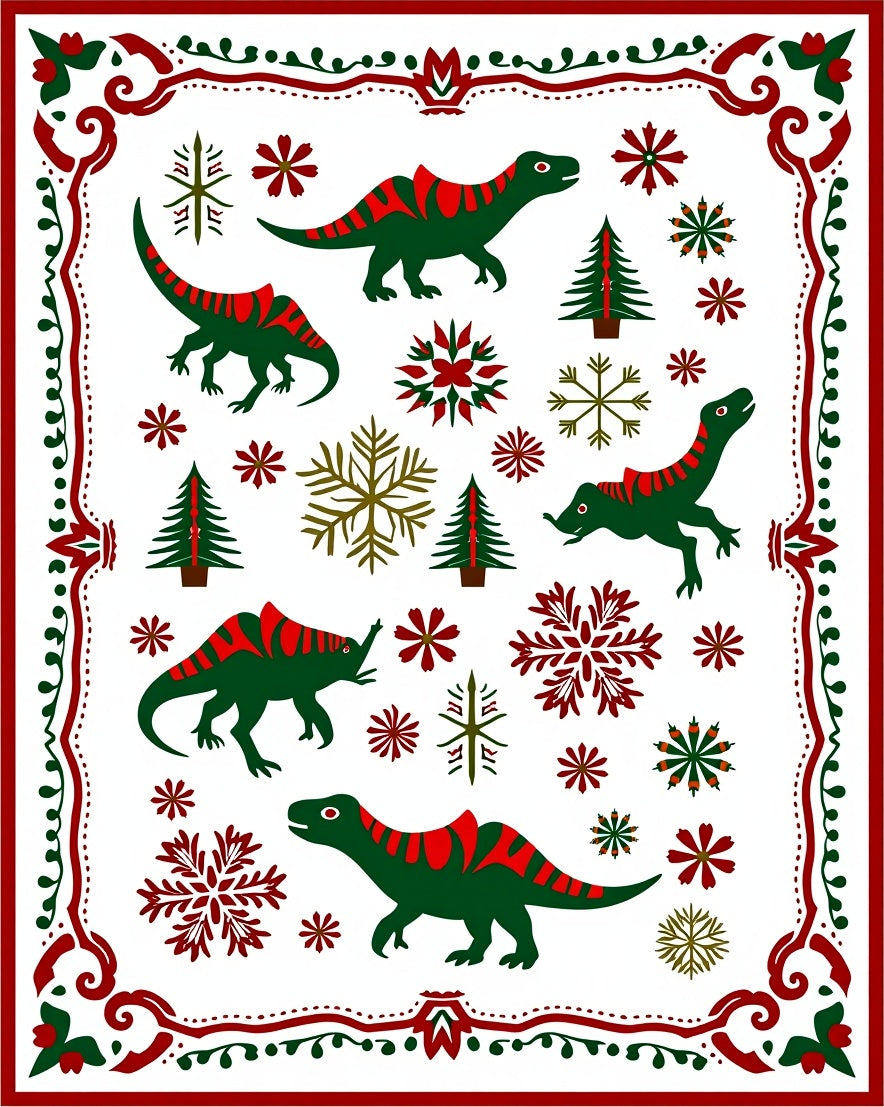 Green Red Dinosaur Snowflake Christmas Trees Rug