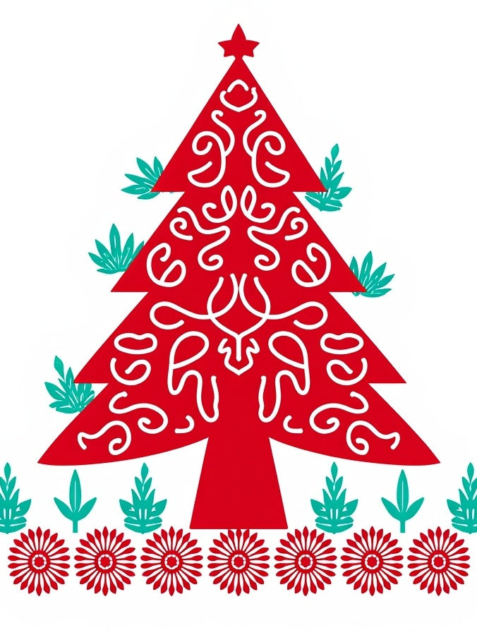 Festive Red Pine Tree Floral Border Rug