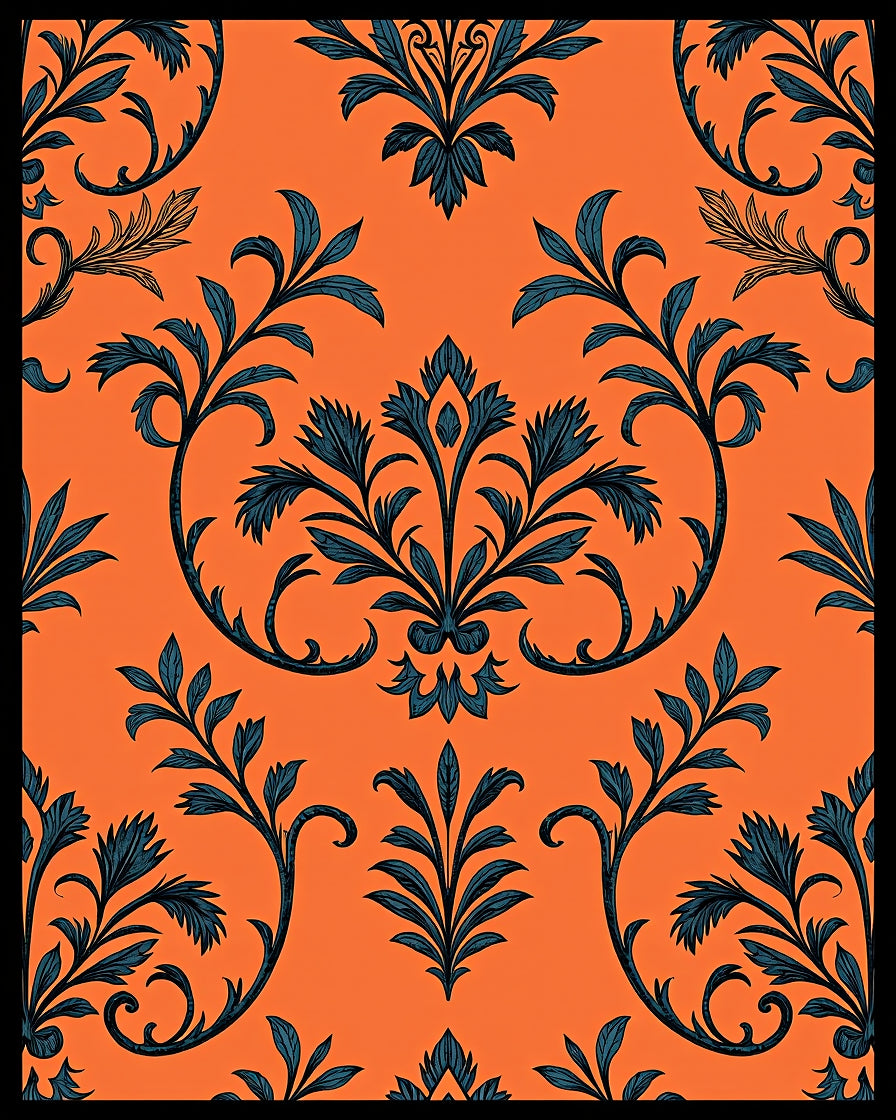 Deep Blue Floral Damask Orange Rug