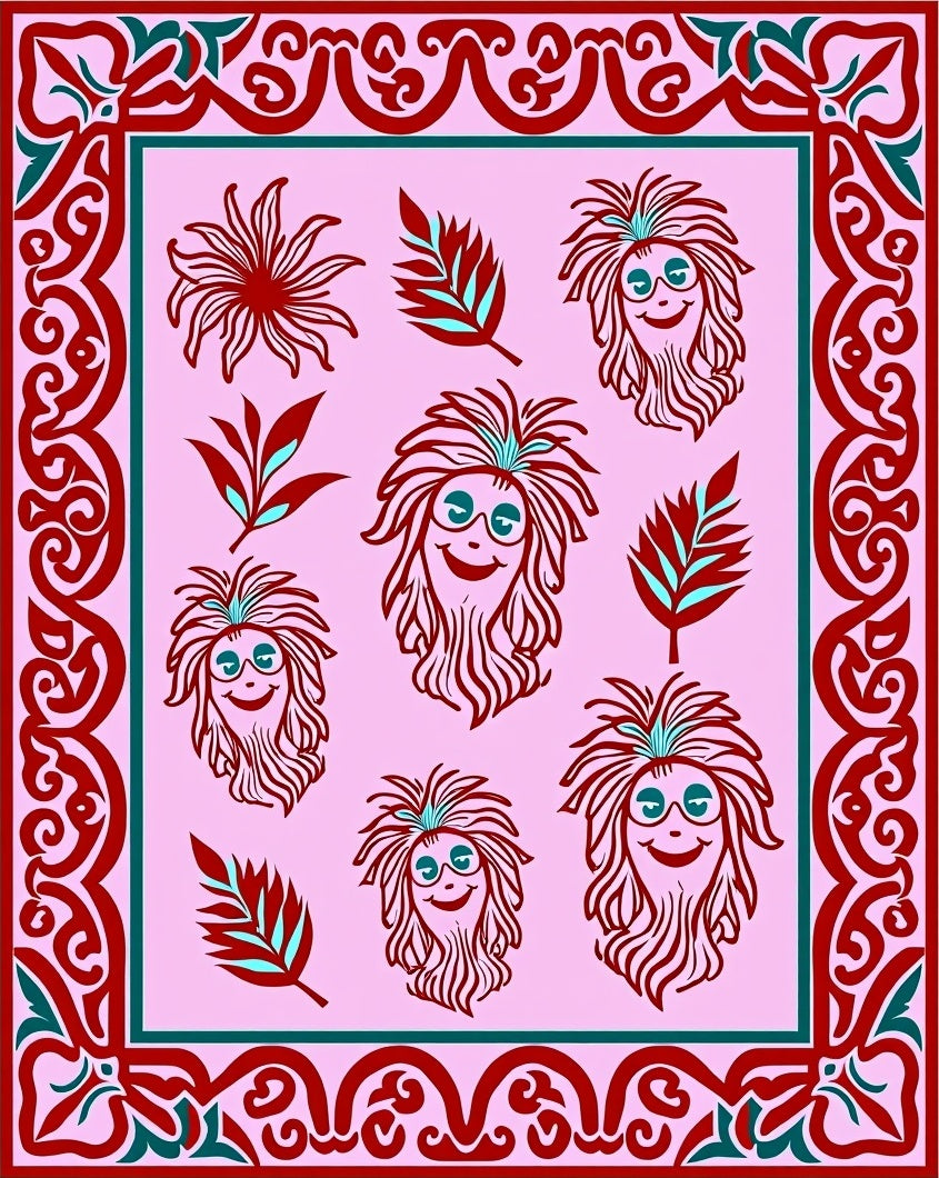 Whimsical Crimson Faces Floral Border Rug