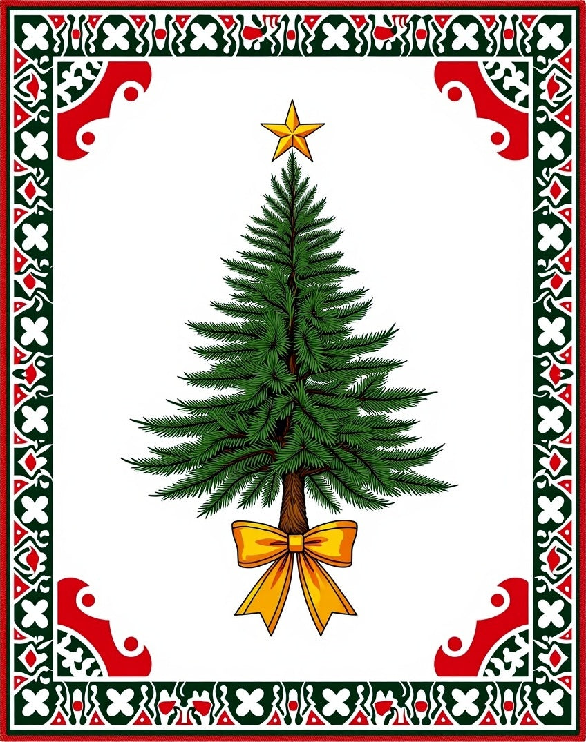 Green Fir Tree Golden Bow Frame Rug