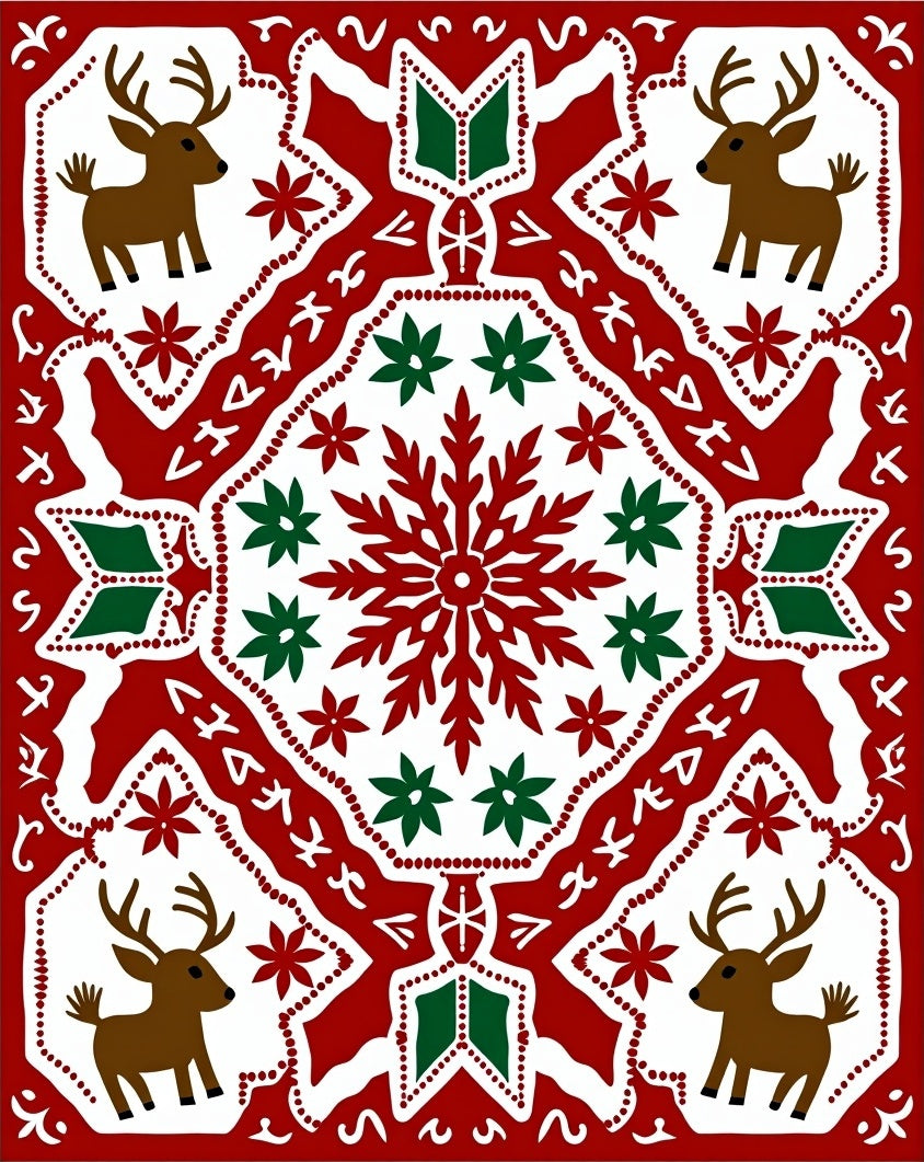 Red Christmas Reindeer Snowflake Border Rug
