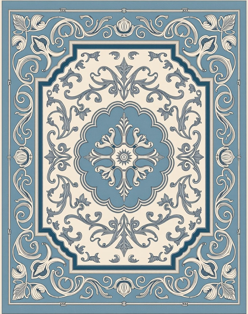 Blue Cream Renaissance Floral Medallion Rug