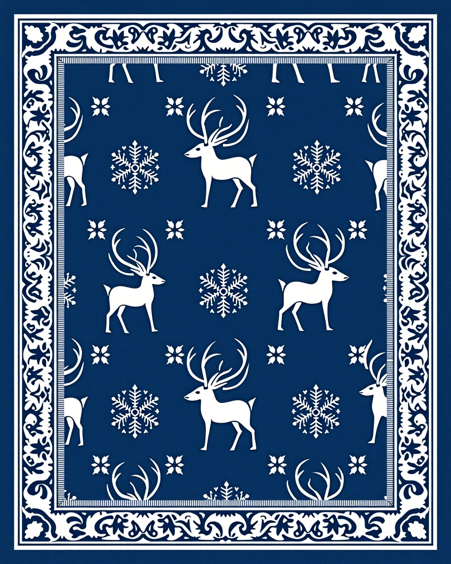 Navy White Winter Reindeer Snowflakes Border Rug