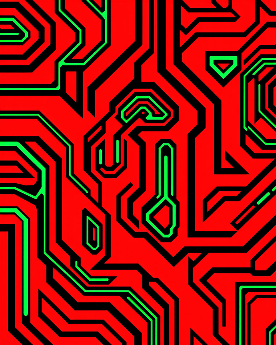 Futuristic Circuit Board Red Green Accents Rug