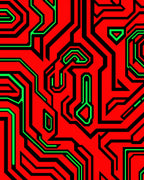 Futuristic Circuit Board Red Green Accents Rug