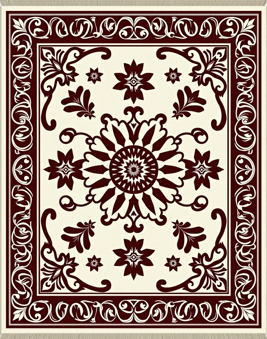 Deep Crimson Floral Medallion Ivory Rug
