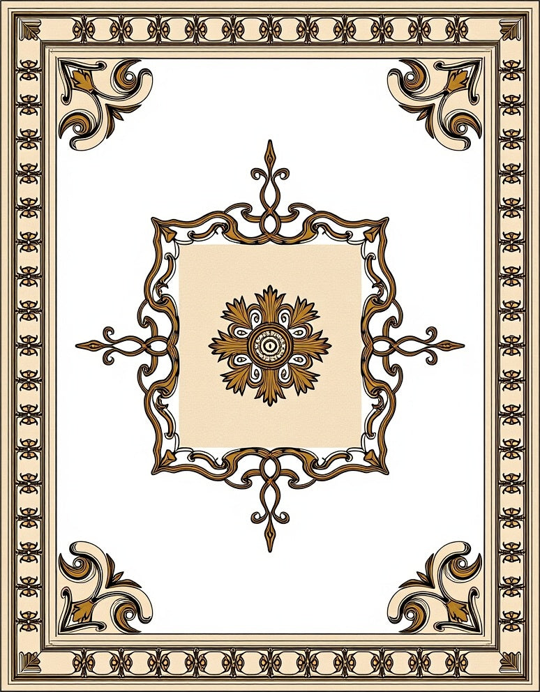 Ornate Golden Floral Medallion Border Rug
