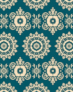 Teal Cream Floral Mandala Repeat Rug