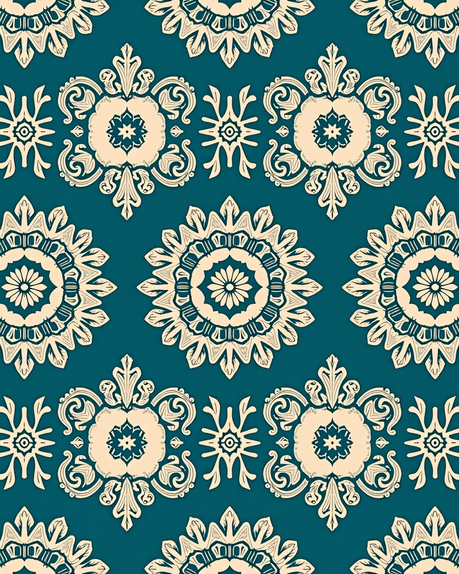 Teal Cream Floral Mandala Repeat Rug