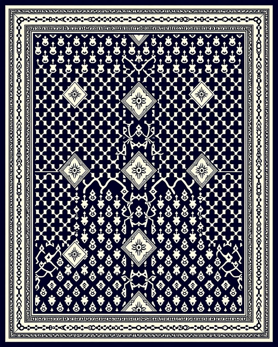 Dark Navy Ivory Geometric Diamond Mandala Rug